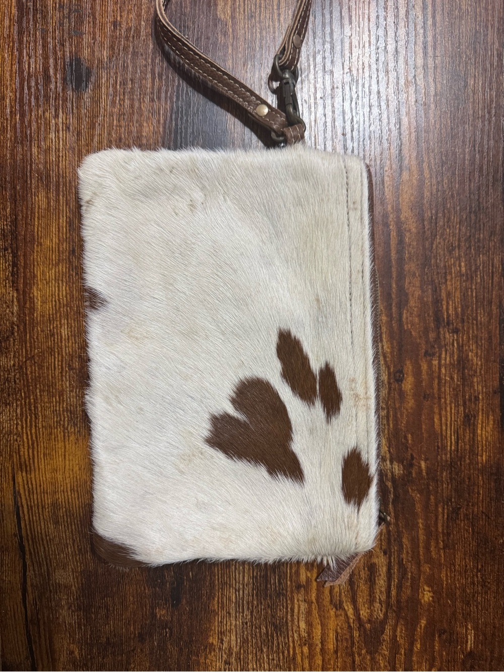 Myra Bag Cowhide Wristlet Clutch in White and Brown Spots